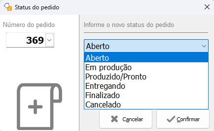 Tela de seleção do status do pedido Tela de seleção do status do pedido