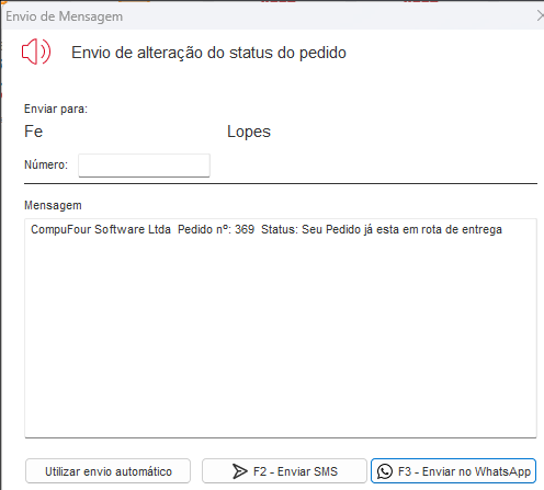 Tela de envio da mensagem com o telefone do cliente Tela de envio da mensagem com o telefone do cliente