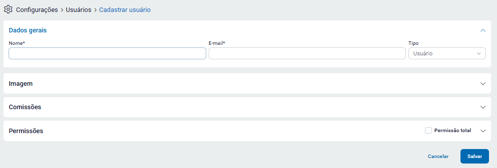 Cadastro do usuário com nome, e-mail e permissões Cadastro do usuário