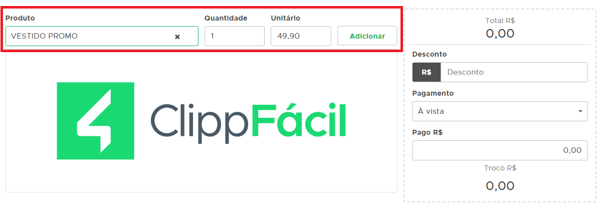 Seleção do produto e botão Adicionar na NFC-e Adicionar produto na NFC-e