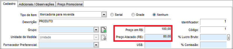 Cadastro das três tabelas de preço no item Tabelas de preço do produto
