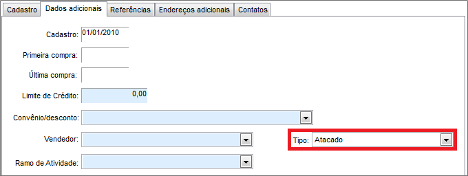 Definição do tipo Atacado nos Dados Adicionais do Cliente Cliente tipo Atacado