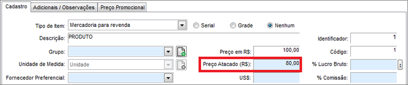 Cadastro do Preço Atacado no produto Cadastro do Preço Atacado