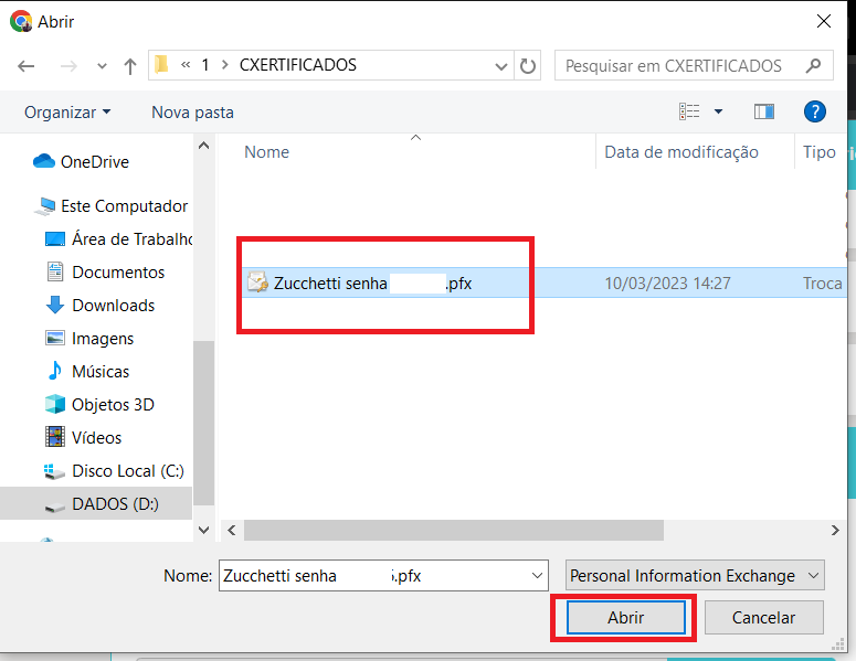 Seleção do arquivo do certificado A1 Seleção do arquivo do certificado