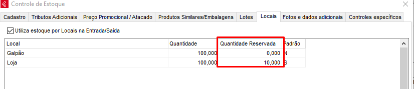 Quantidade reservada no local pelo DAV Quantidade reservada no local