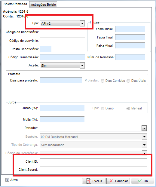 Campos Client ID e Client Secret com Tipo API v2 Client ID e Client Secret do Inter