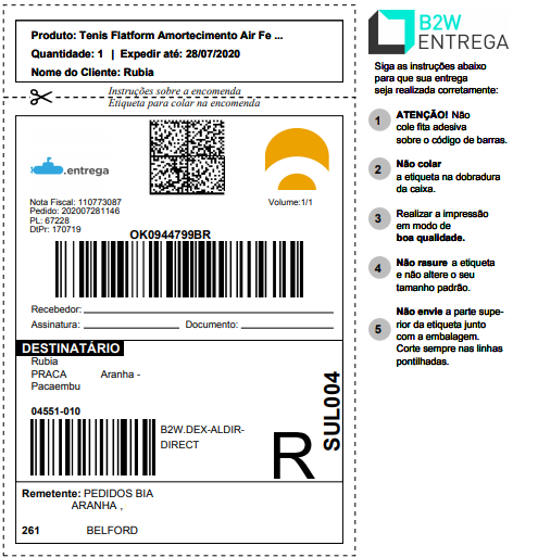 Exemplo de etiqueta de enderecamento do pedido Etiqueta de enderecamento