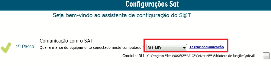 Seleção da marca DLL MFe e teste de comunicação DLL MFe e testar comunicação