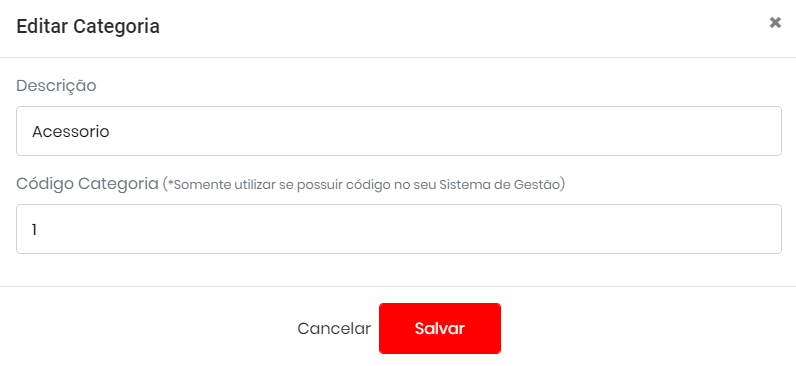Alteração da descrição e código da categoria Edição da categoria