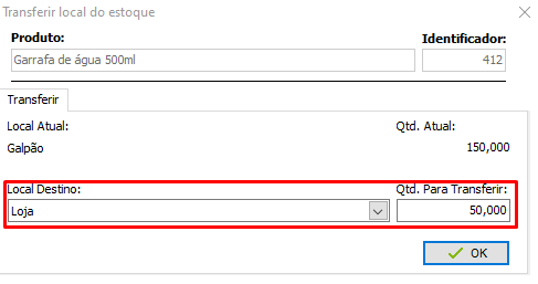 Definição do local de destino e quantidade da transferência Transferência entre locais