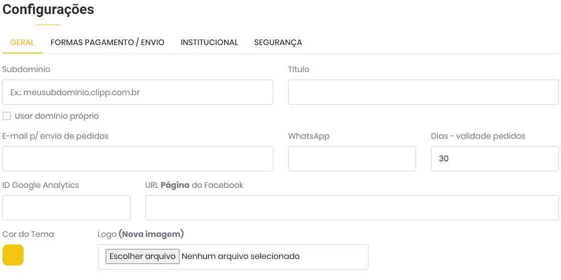 Aba Configurações do painel do ECommerce Aba Configurações